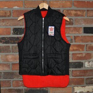 Vintage 1988 Calgary Winter Olympic  Black Puffer Vest Fuzzy Red Lining S
